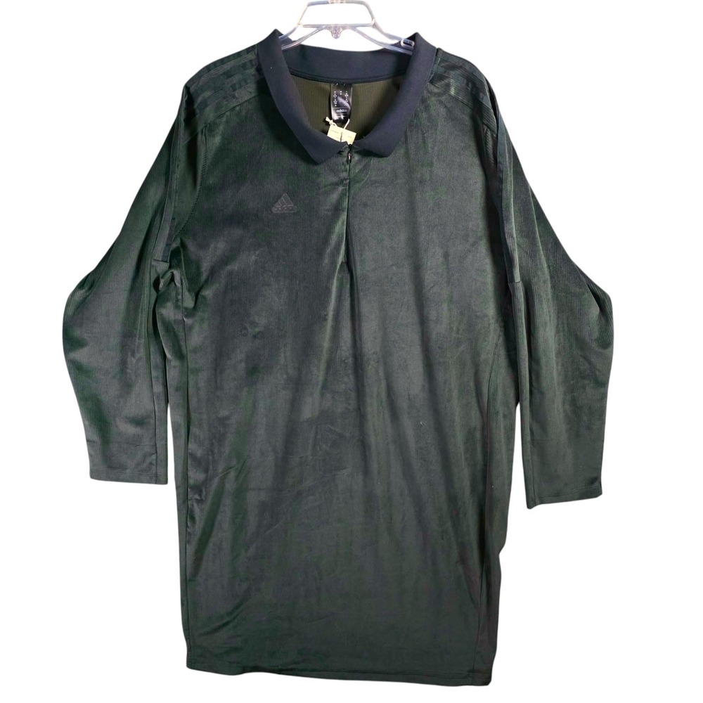 Adidas Women 3X Dark Green Velour Ribbed Quarter Zip Polo Long Sleeve Mini Dress - Picture 2 of 10